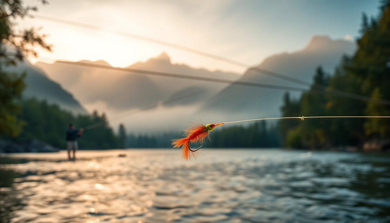 ACTIVELY USING A FLY FISHING TIPPET WHILE CASTING IN A SCENIC RIVER AT DAWN.