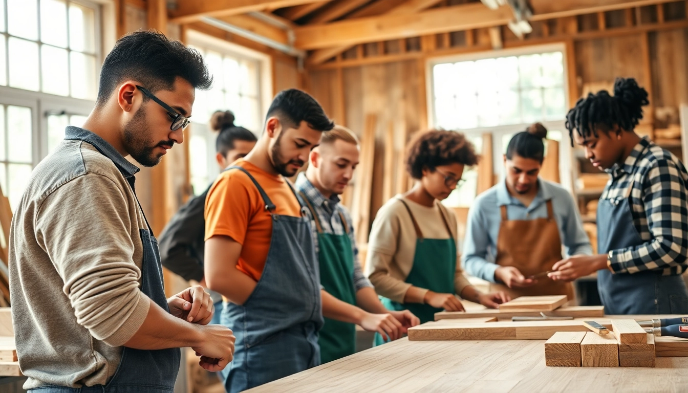 Hands-on carpentry apprenticeship program highlighting apprentices collaborating on projects.