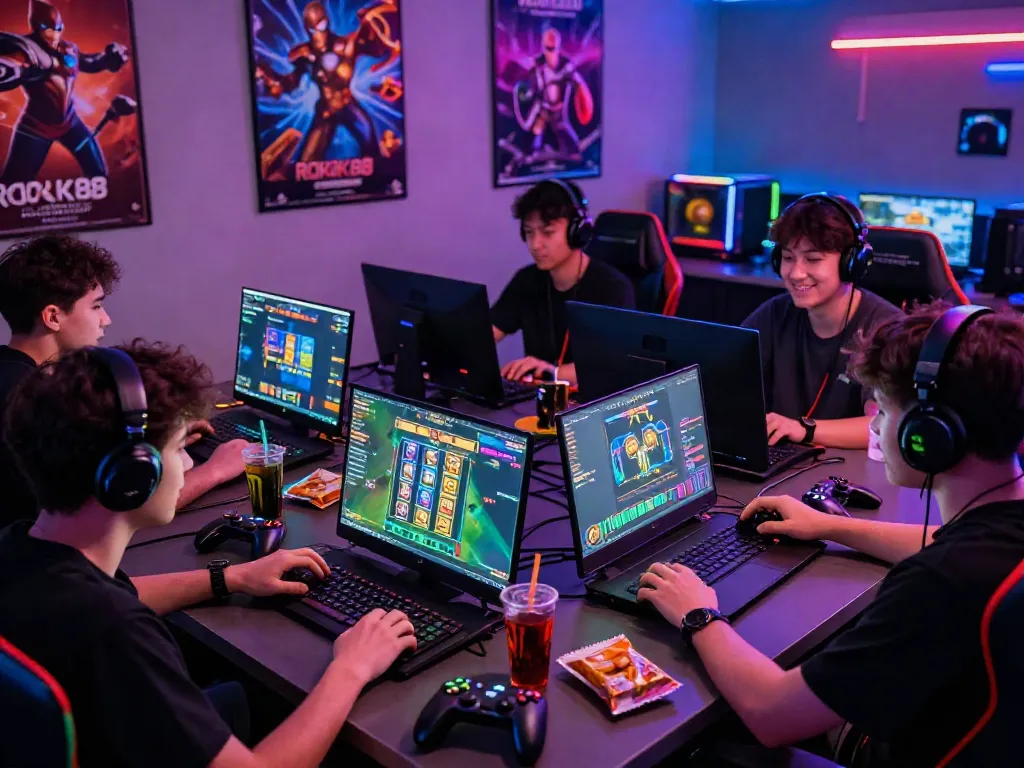 Engaged players competing in ROKOK88 online games, showcasing vibrant gameplay, camaraderie, and modern gaming setup.