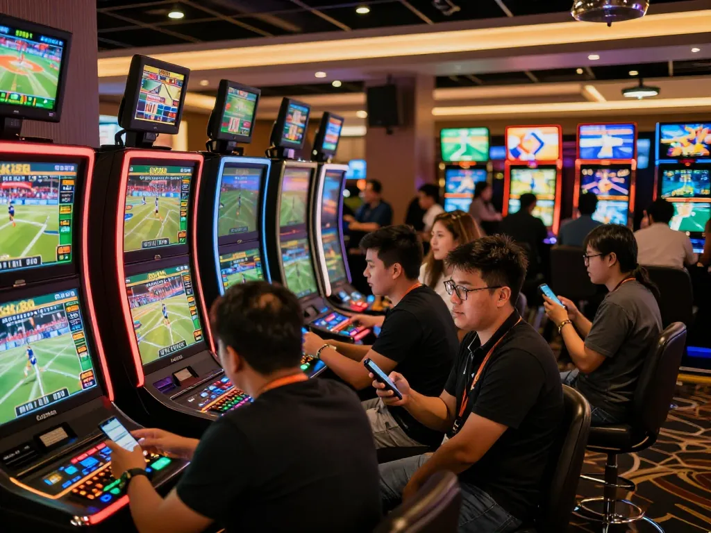 Engaged bettors placing wagers at GK88's exciting sports betting venue with vibrant atmosphere.