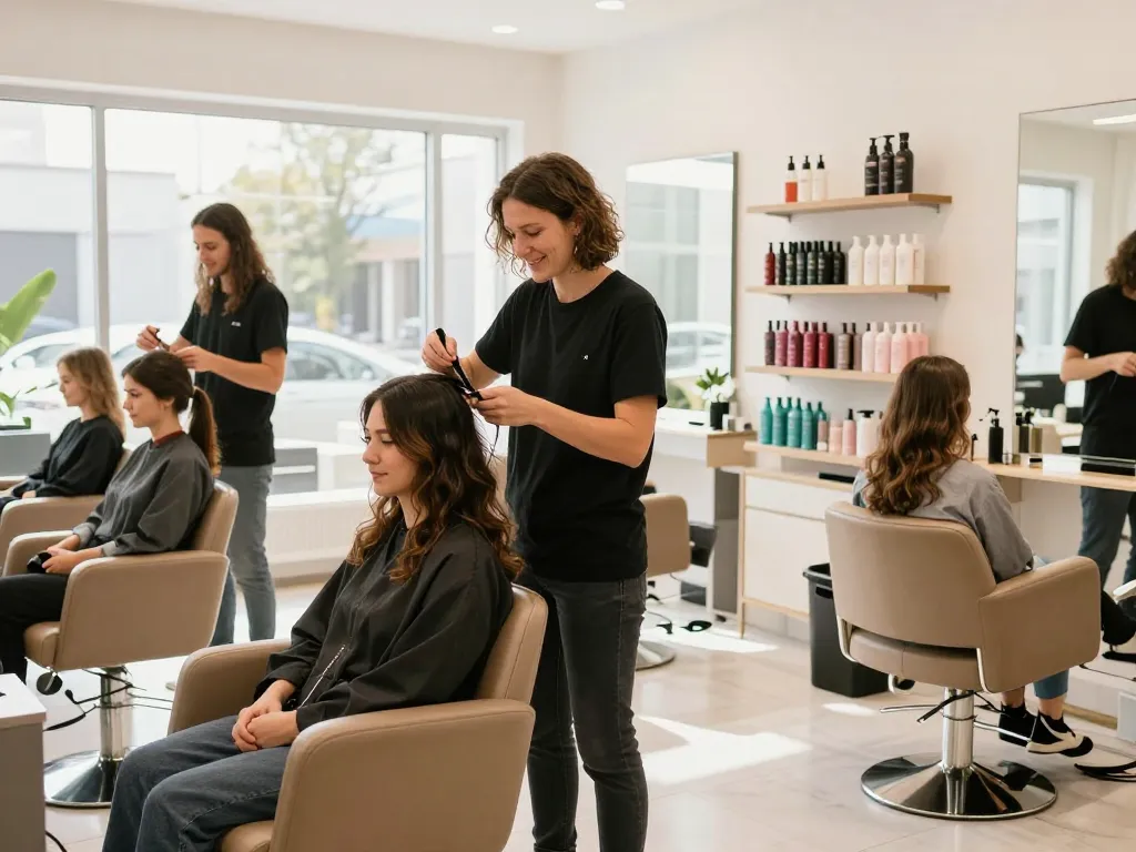 hair salon near me with professional hairstylist cutting client's hair in a welcoming atmosphere
