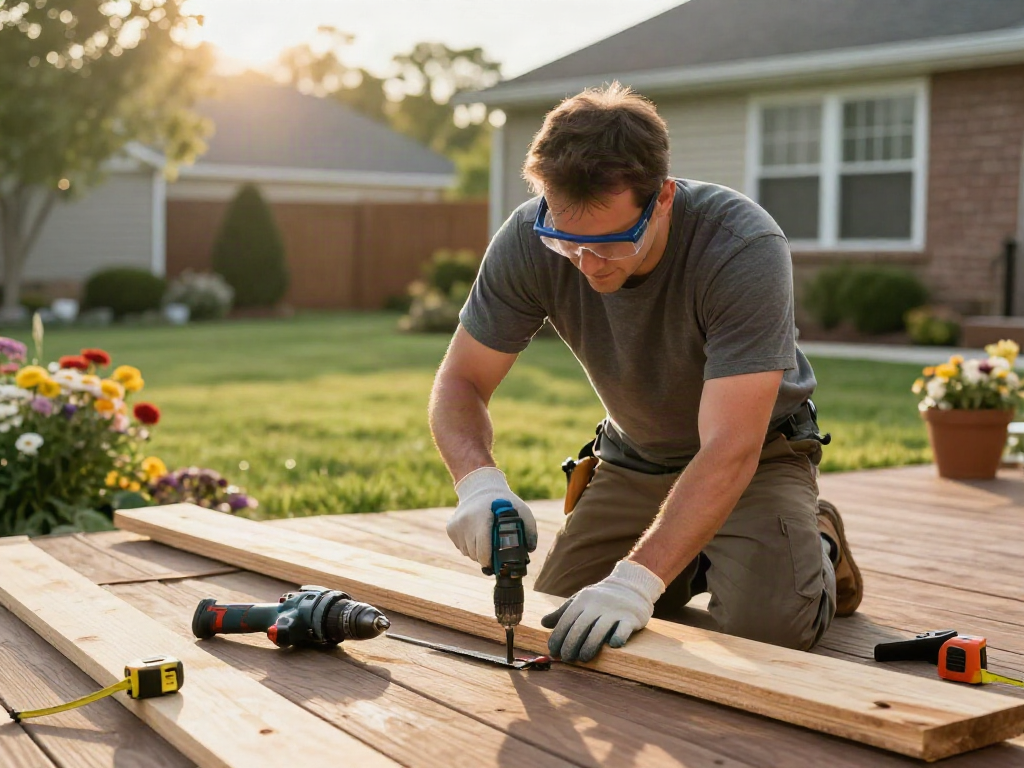 Home repair services Des Moines Iowa - skilled tradesman repairing a wooden deck with tools in a sunny suburban backyard.