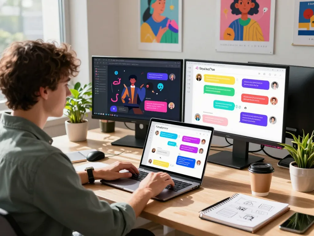 Engaging workspace scene using SpicyChat AI for vibrant digital interactions, chat dialogues, and creative brainstorming.