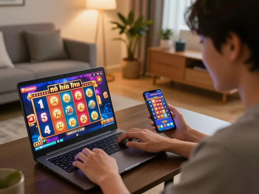 Nổ hũ 789win gameplay on a laptop highlighting vibrant online casino experience with engaging graphics
