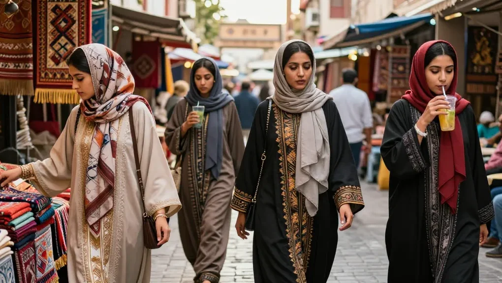 Women in stylish Abayas exploring a vibrant market, showcasing modern fashion.