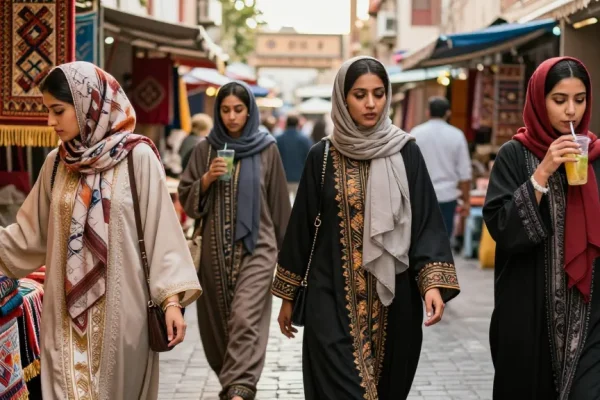 Women in stylish Abayas exploring a vibrant market, showcasing modern fashion.