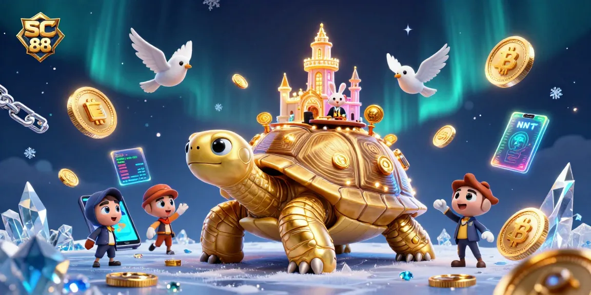 Experience SC 88's captivating casino adventure with golden tortoise and vibrant crypto elements.