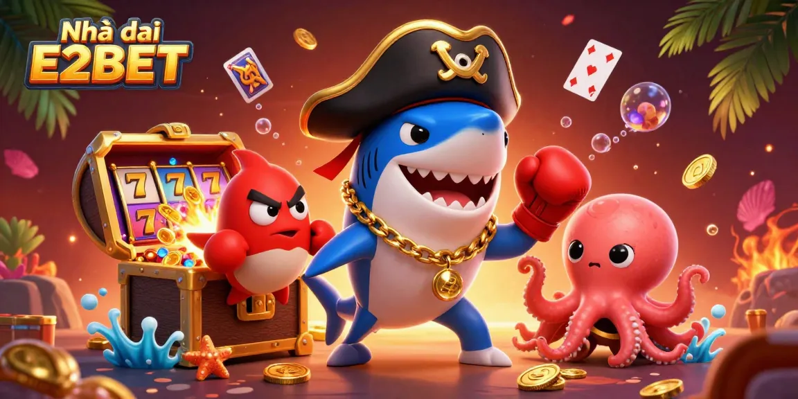 Engage with Nhà cái E2BET with lively casino elements in a vibrant underwater scene featuring playful characters.