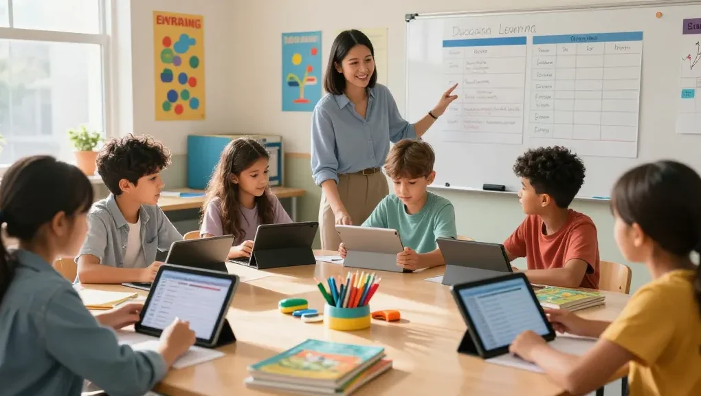 Diverse students actively using a Student Intervention Scheduler on tablets during a collaborative educational session in a bright classroom.