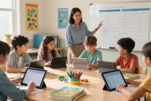 Diverse students actively using a Student Intervention Scheduler on tablets during a collaborative educational session in a bright classroom.