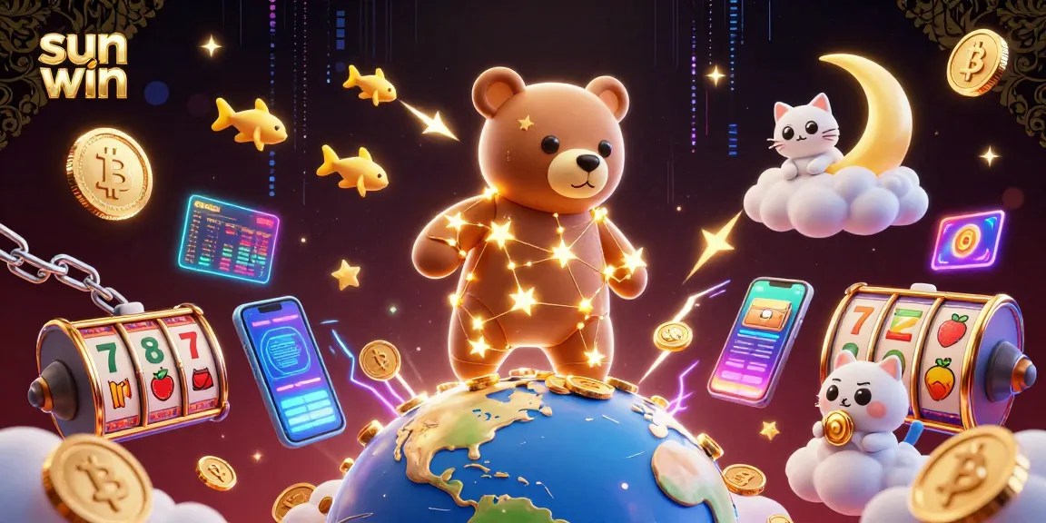 Experience sun win excitement with a vibrant 3D casino scene featuring gold star bear, slot elements, and crypto coins.