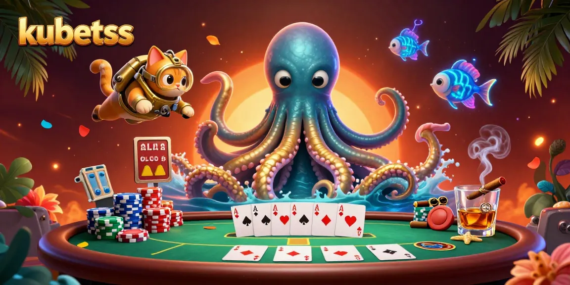 Experience the thrill of kubetss with a vibrant kraken, diving cat, and poker game scene filled with excitement.